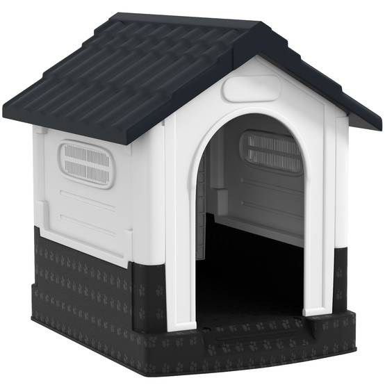 Mini niche d'extérieur en plastique pour chien, avec 3 fenêtres, fond surélevé et toit incliné, 64,5 x 57 x 66 cm, gris foncé - Image 1