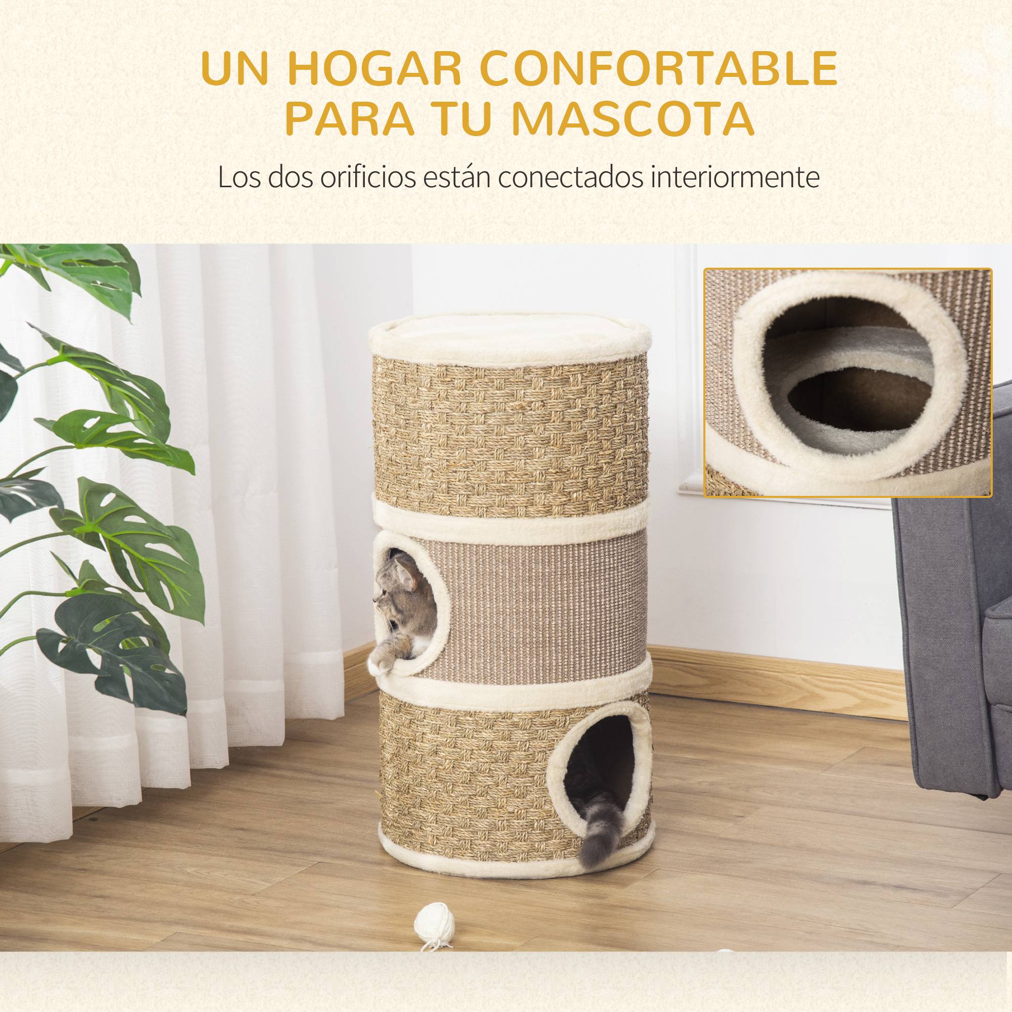 Tonneau Griffoir pour Chat 3 Niveaux en Sisal et Jonc de Mer Niche et Lit Ø37,5x70 cm - ComfortXL Outdoor Living - Image 6