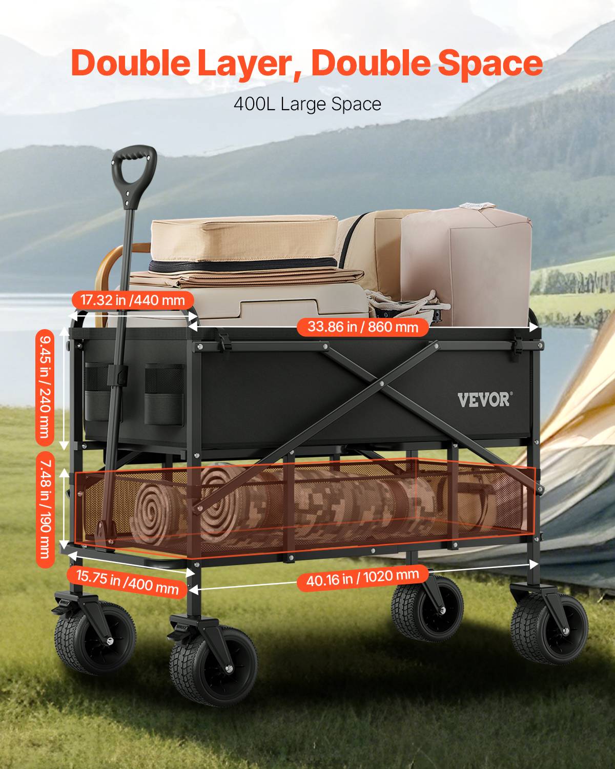 VEVOR Chariot jardin pliable 300 L, 2 niveaux, capacité 204.12 kg, roues tout-terrain, pour extérieur, camping. - Image 3