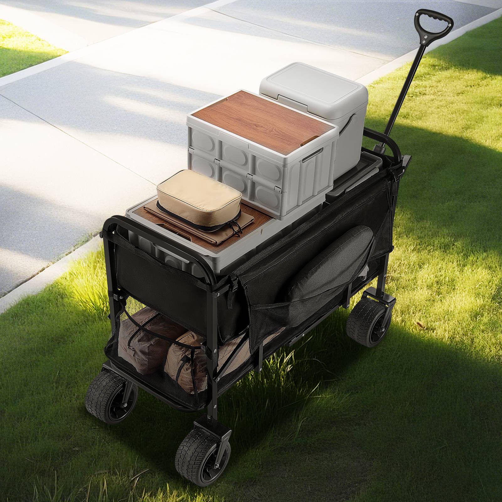VEVOR Chariot jardin pliable 300 L, 2 niveaux, capacité 204.12 kg, roues tout-terrain, pour extérieur, camping. - Image 8