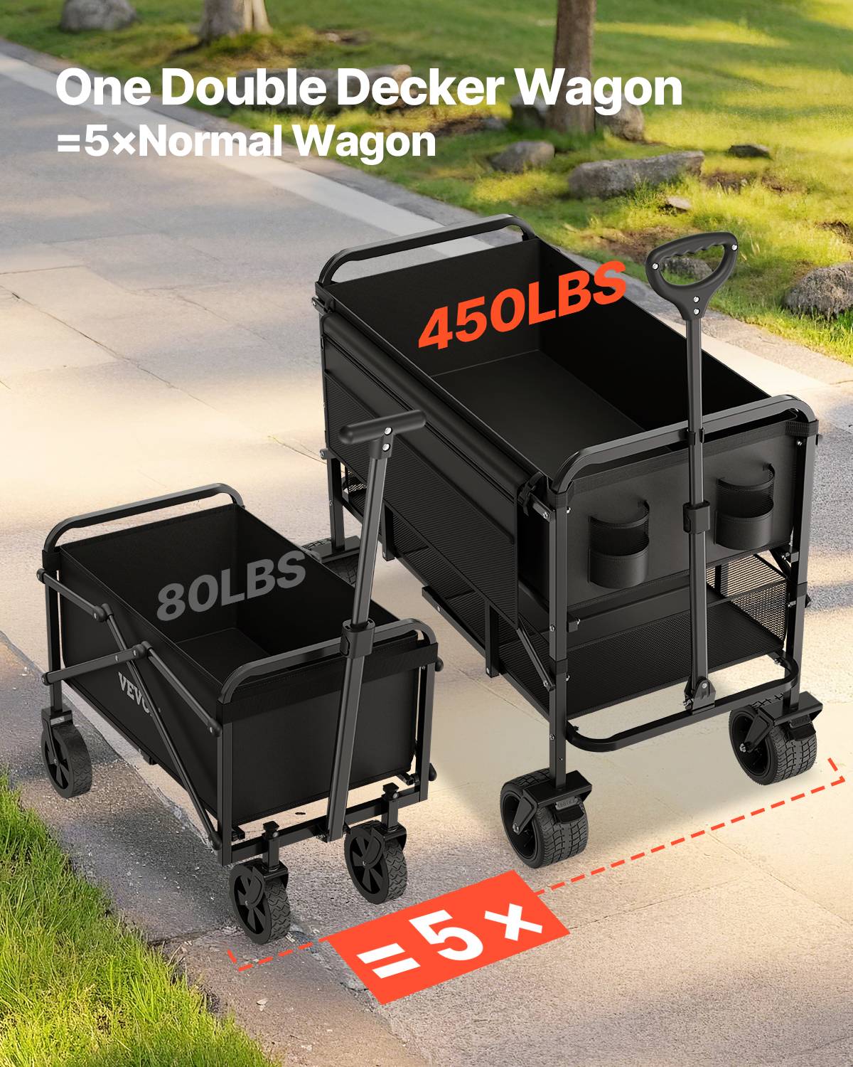 VEVOR Chariot jardin pliable 300 L, 2 niveaux, capacité 204.12 kg, roues tout-terrain, pour extérieur, camping. - Image 2