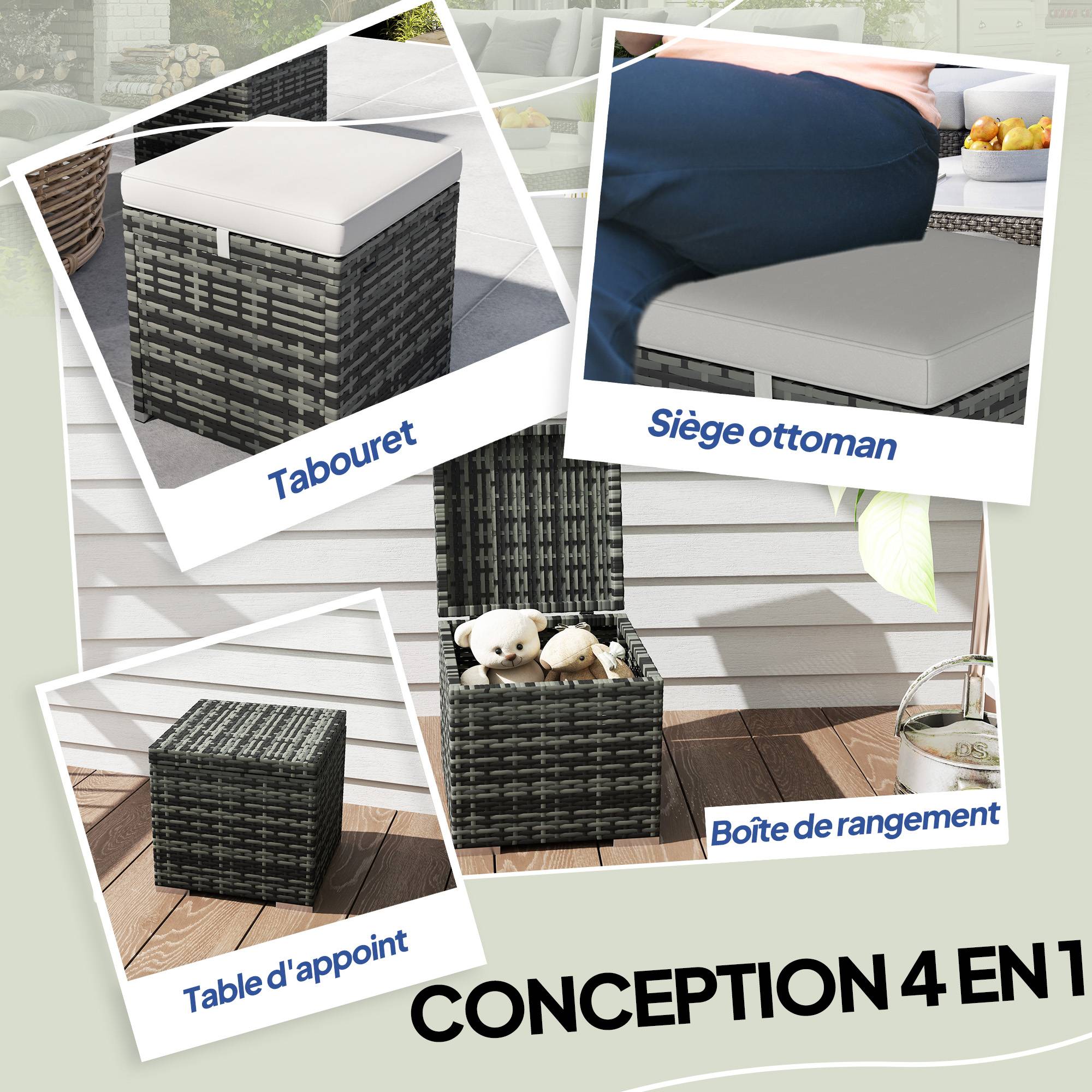 Lot de 2 tabourets de jardin avec rangement rotin PE gris clair 40 x 40 x 41 cm - PANGIVO - Image 9