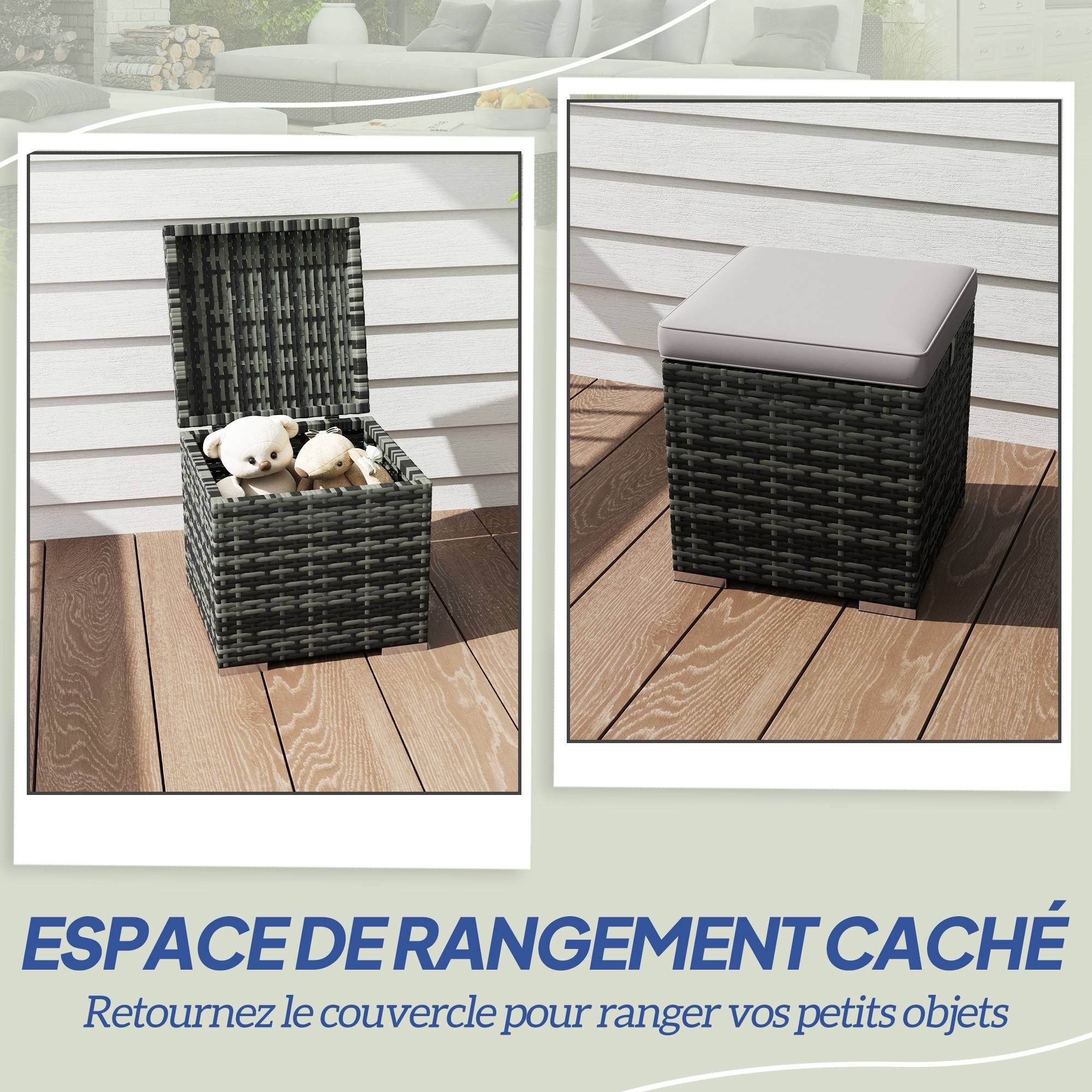 Lot de 2 tabourets de jardin avec rangement rotin PE gris clair 40 x 40 x 41 cm - PANGIVO - Image 6
