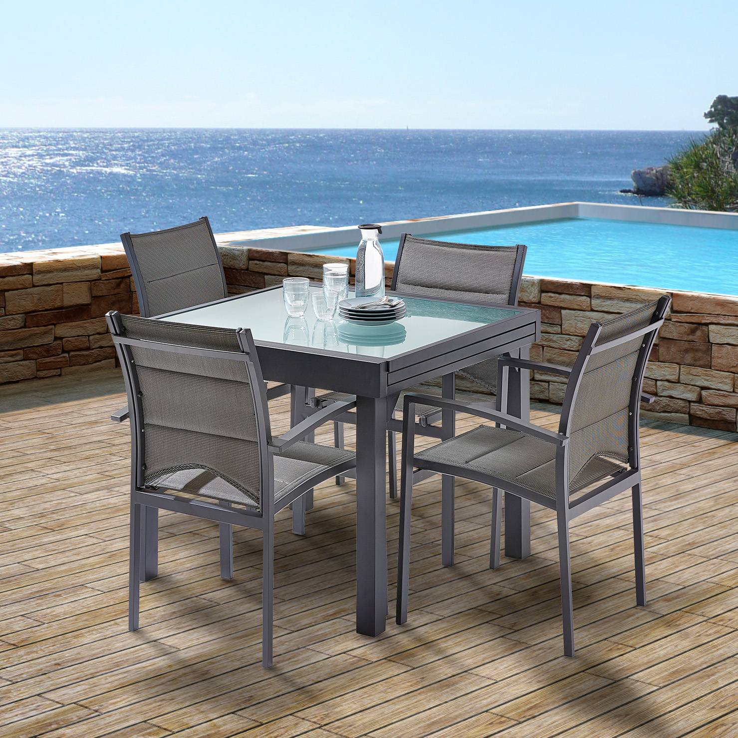 Wilsa Garden - Ensemble MODULO 4/8p en aluminium gris et verre modulable et 4 fauteuils aluminium et assise en textilène - Imagen 2