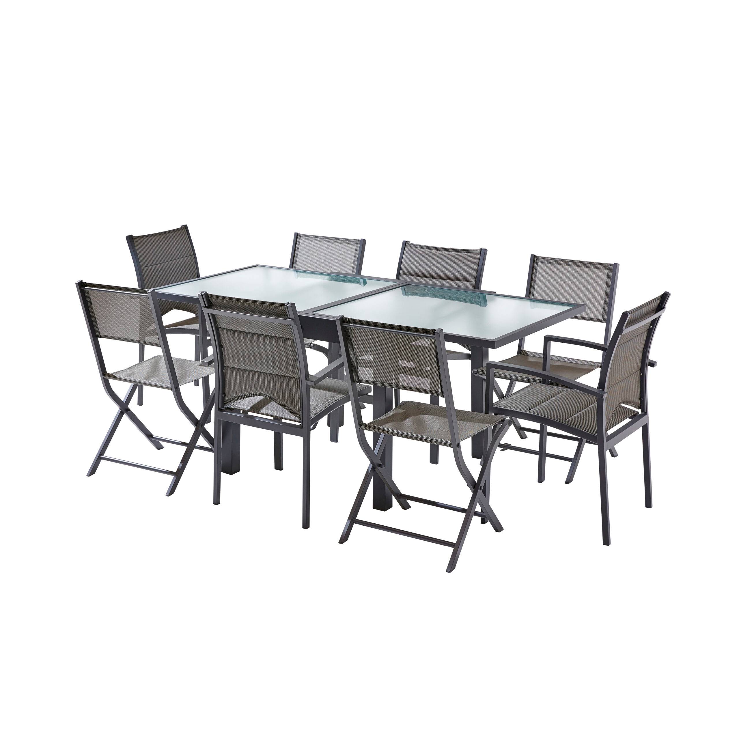 Wilsa Garden - Ensemble MODULO 4/8p en aluminium gris et verre modulable et 4 fauteuils aluminium et assise en textilène - Imagen 1