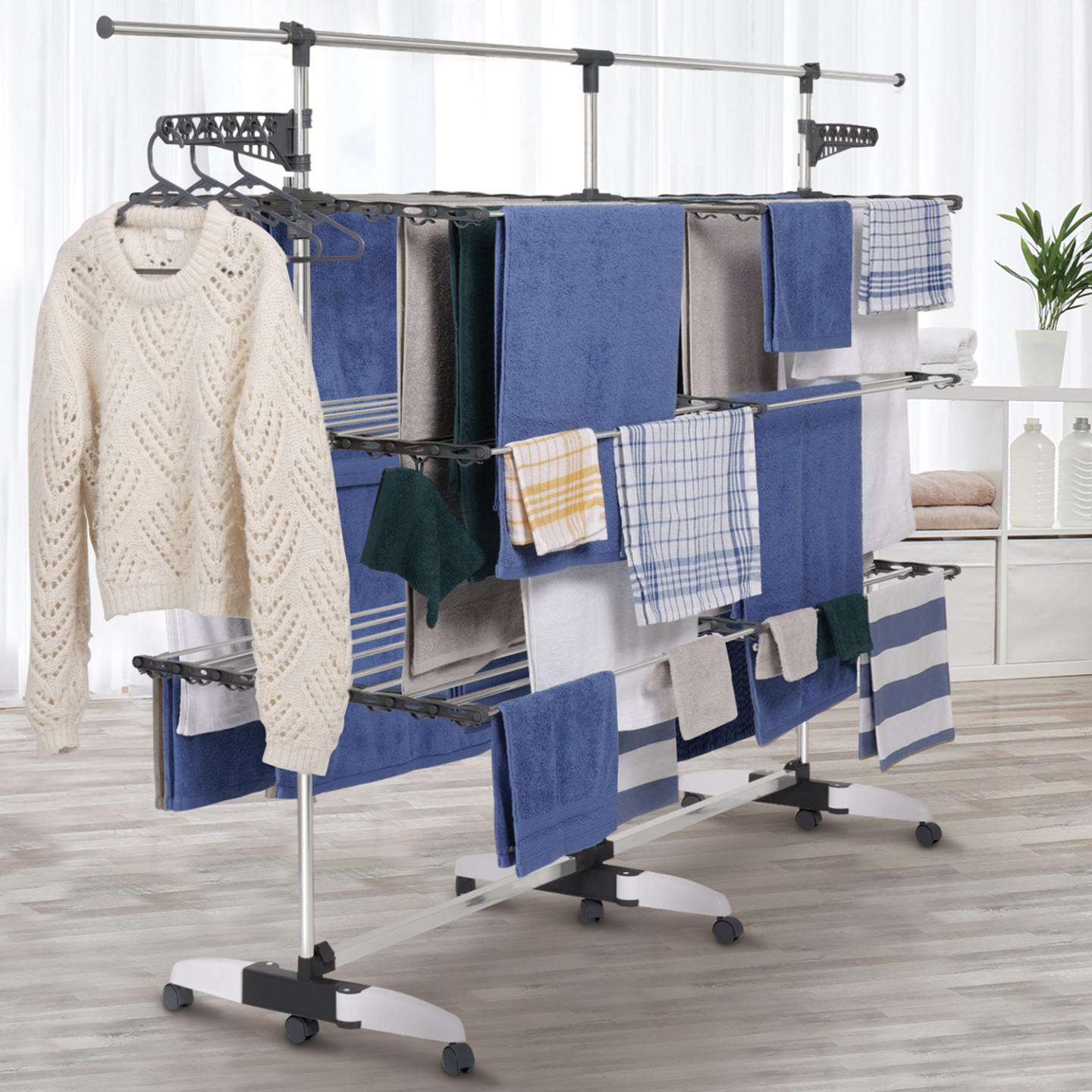IDMARKET - Séchoir à linge vertical pliable 3 niveaux SUPRA capacité 50M avec tringle télescopique blanc et gris - Image 1