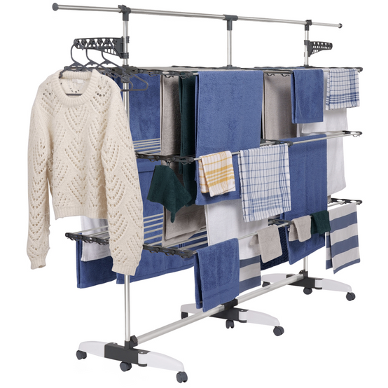 IDMARKET - Séchoir à linge vertical pliable 3 niveaux SUPRA capacité 50M avec tringle télescopique blanc et gris - Image 2
