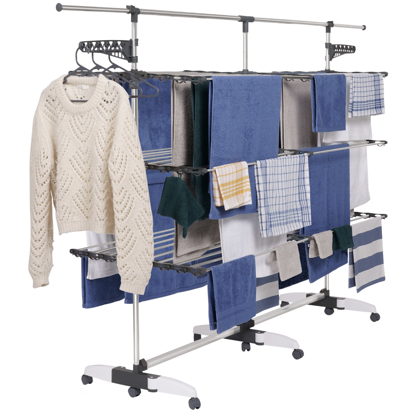 IDMARKET - Séchoir à linge vertical pliable 3 niveaux SUPRA capacité 50M avec tringle télescopique blanc et gris - Image 2