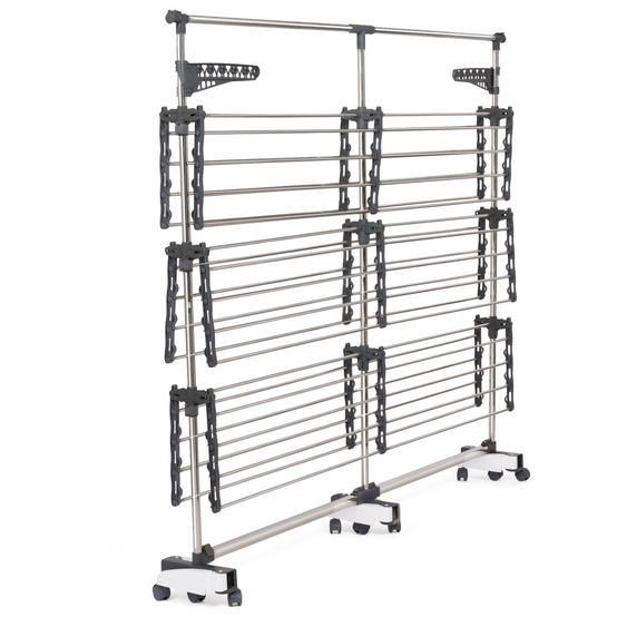 IDMARKET - Séchoir à linge vertical pliable 3 niveaux SUPRA capacité 50M avec tringle télescopique blanc et gris - Image 4