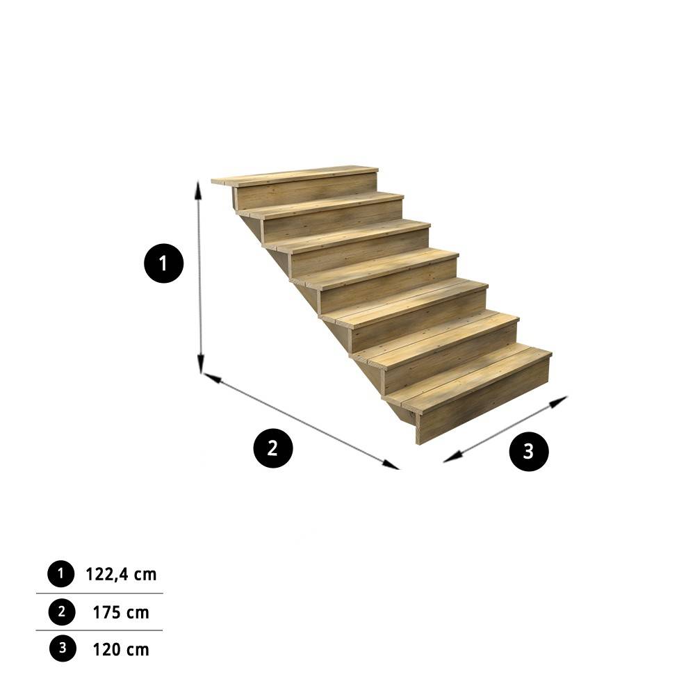 Decklinea - Escalier Bois Exterieur - 7 Marches Pleines - Largeur : 1m20 - Hauteur : 1m19 - Avec Contremarches - Pin du Nord - Imagen 2