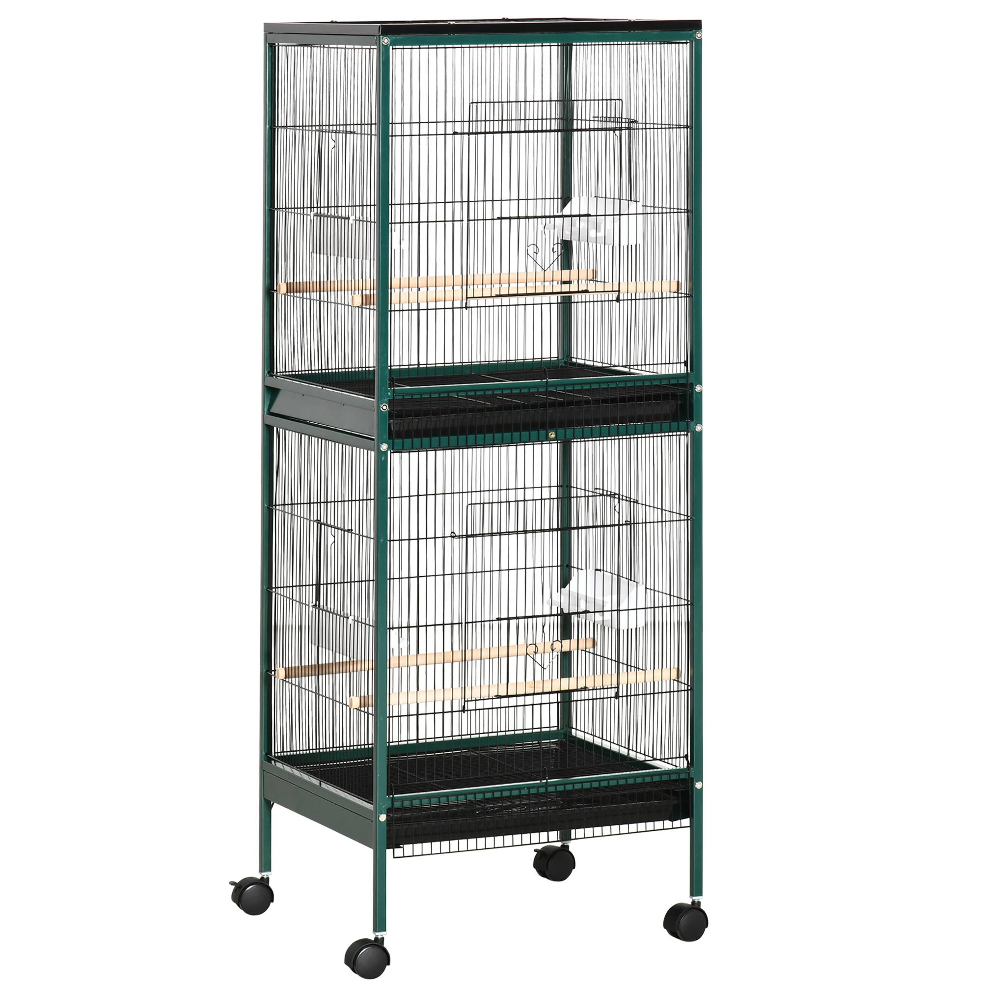 Pawhut - Grande cage à oiseaux sur pied à roulettes - volière double, mangeoires, perchoirs, plateau amovible - vert noir - Image 1