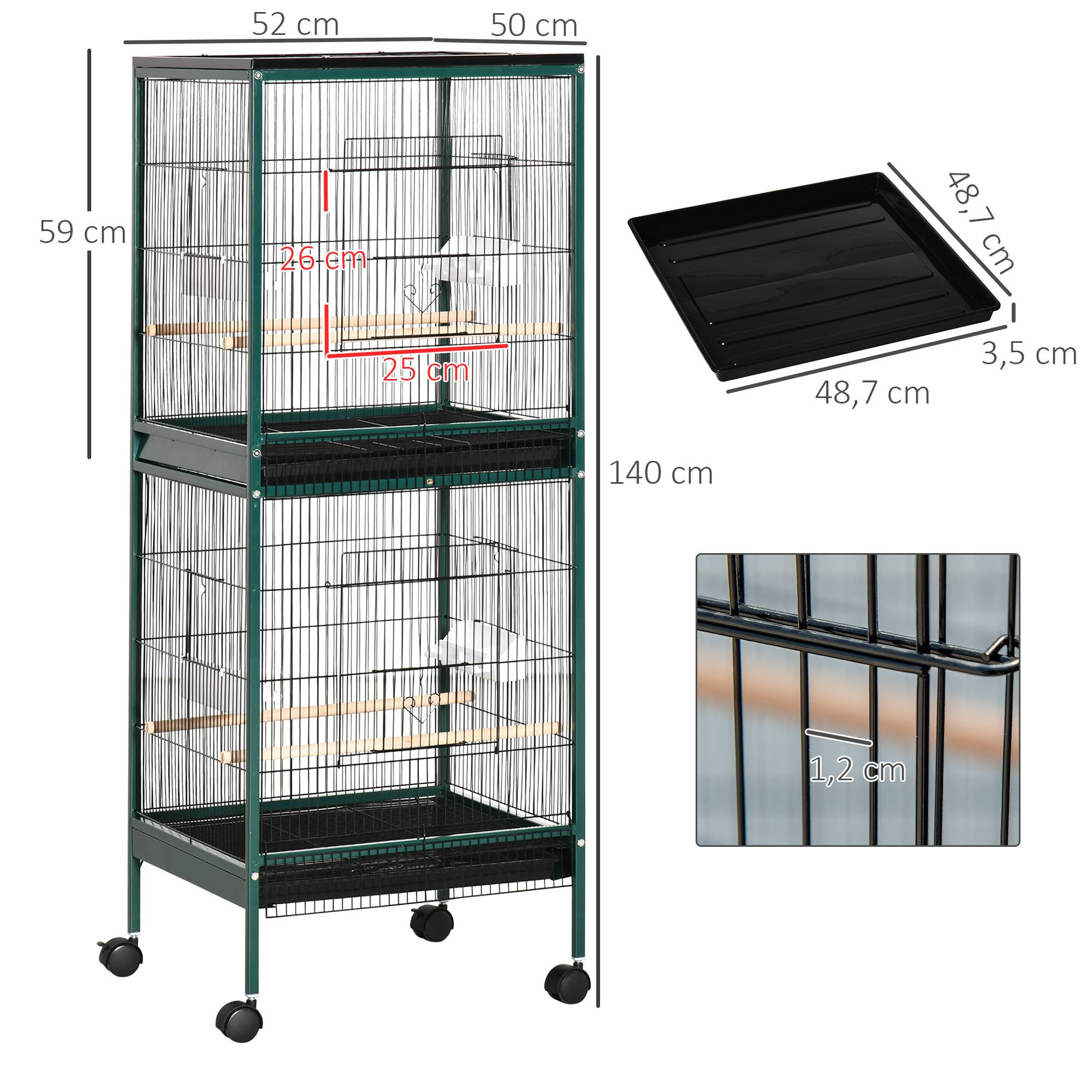 Pawhut - Grande cage à oiseaux sur pied à roulettes - volière double, mangeoires, perchoirs, plateau amovible - vert noir - Image 3