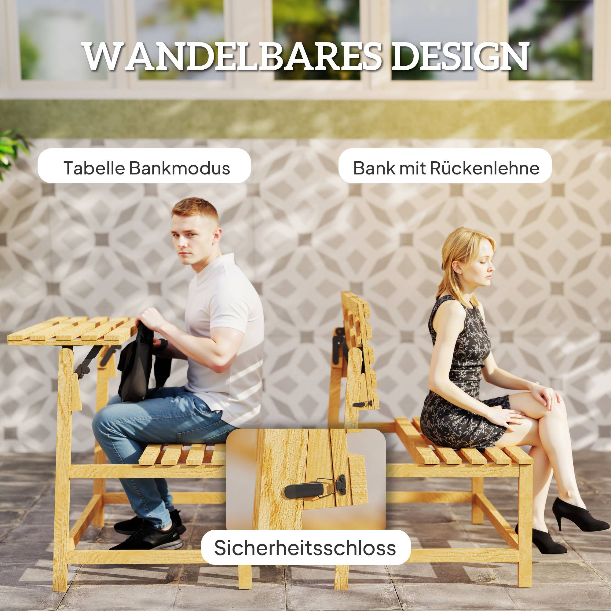 Banc de jardin 2 places en bois, résistant aux intempéries et aux UV, avec dossiers convertibles, 110 x 61 x 89 cm, teck - Image 6