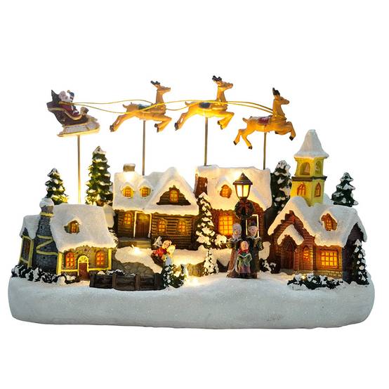 Village de Noël avec traîneau volant - animé à piles et lumineux - Image 1