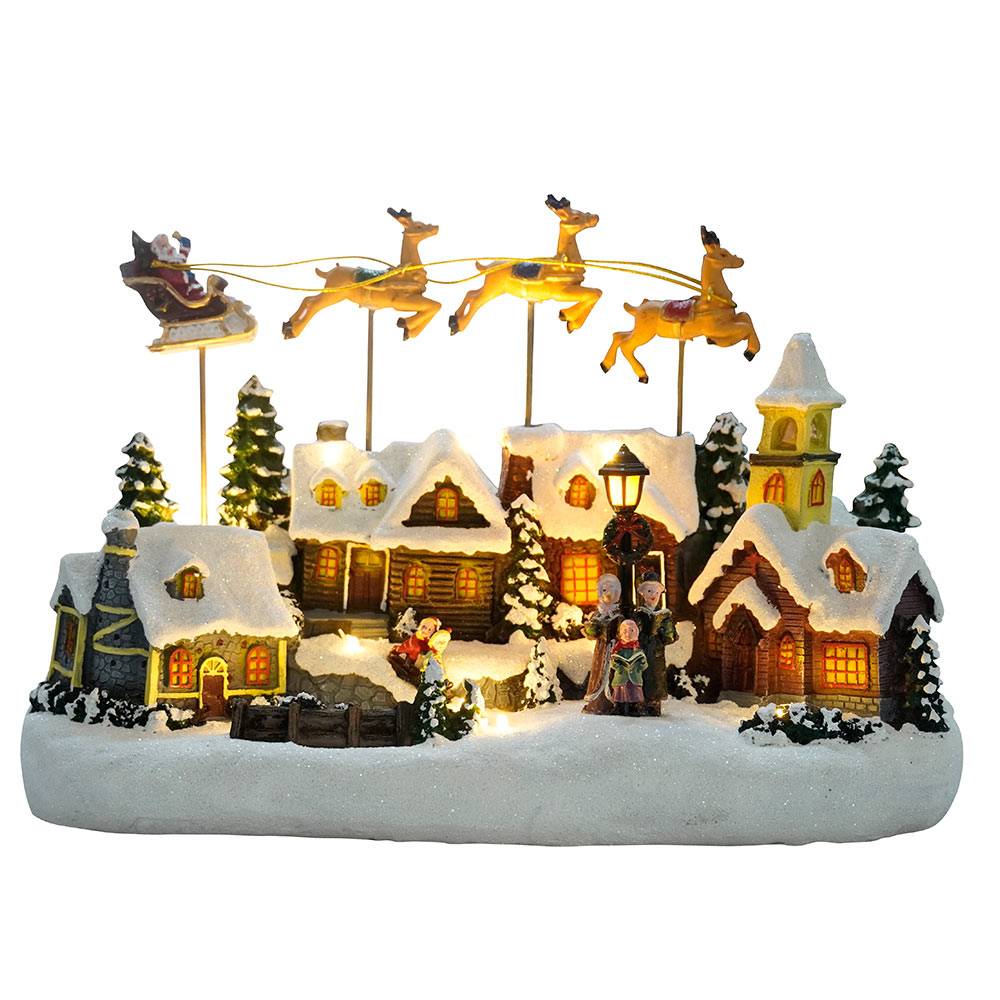 Village de Noël avec traîneau volant - animé à piles et lumineux - Image 1