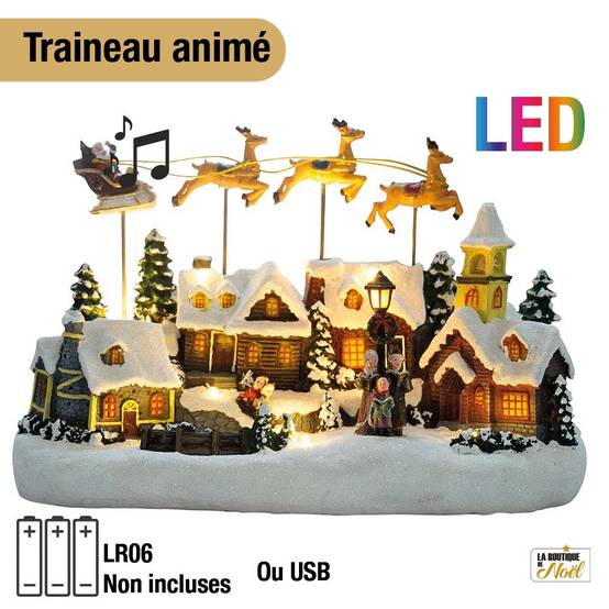Village de Noël avec traîneau volant - animé à piles et lumineux - Image 2