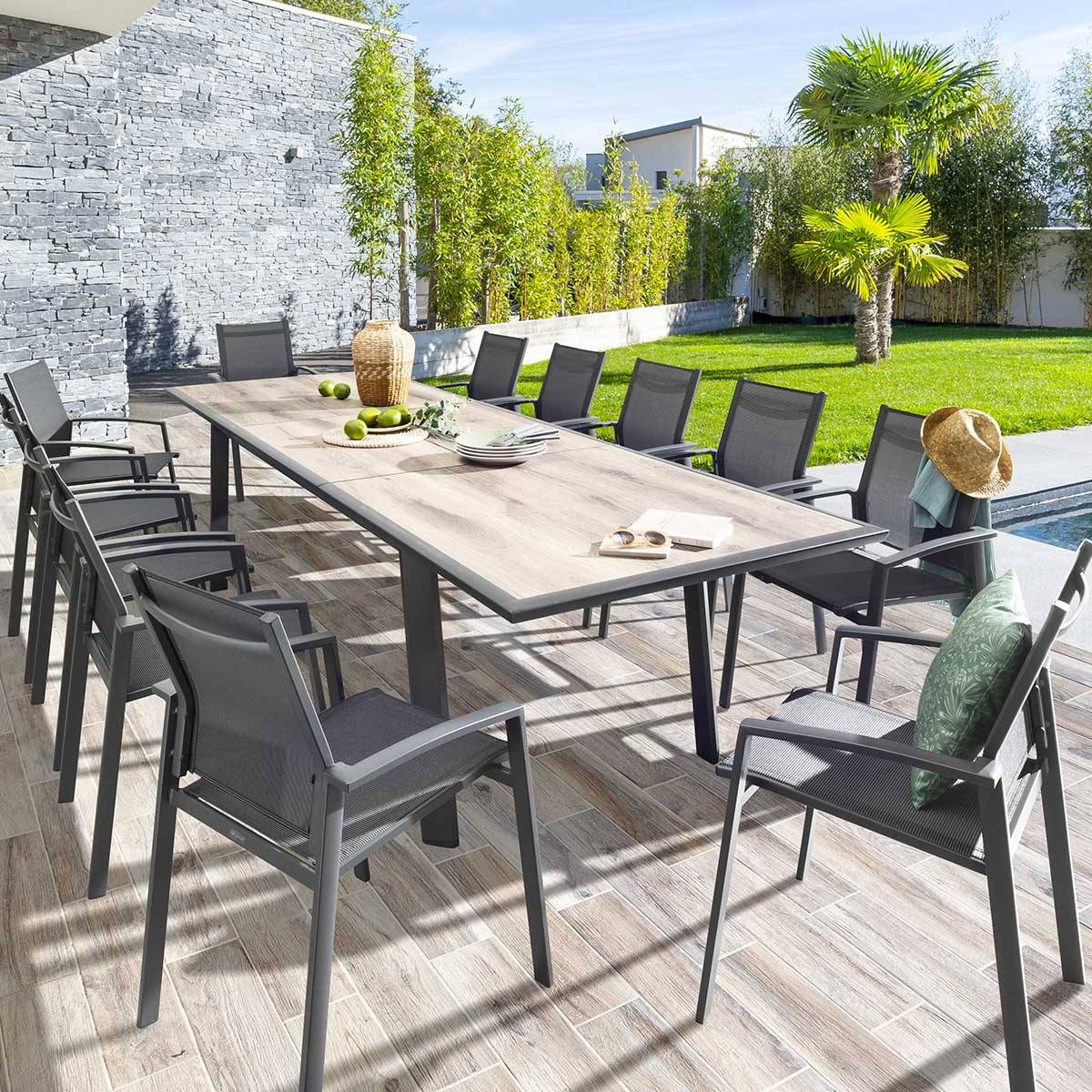 Hesperide - Table de jardin extensible "Pavane" graphite & pécan 12 places en aluminium traité époxy - Hespéride - Imagen 1