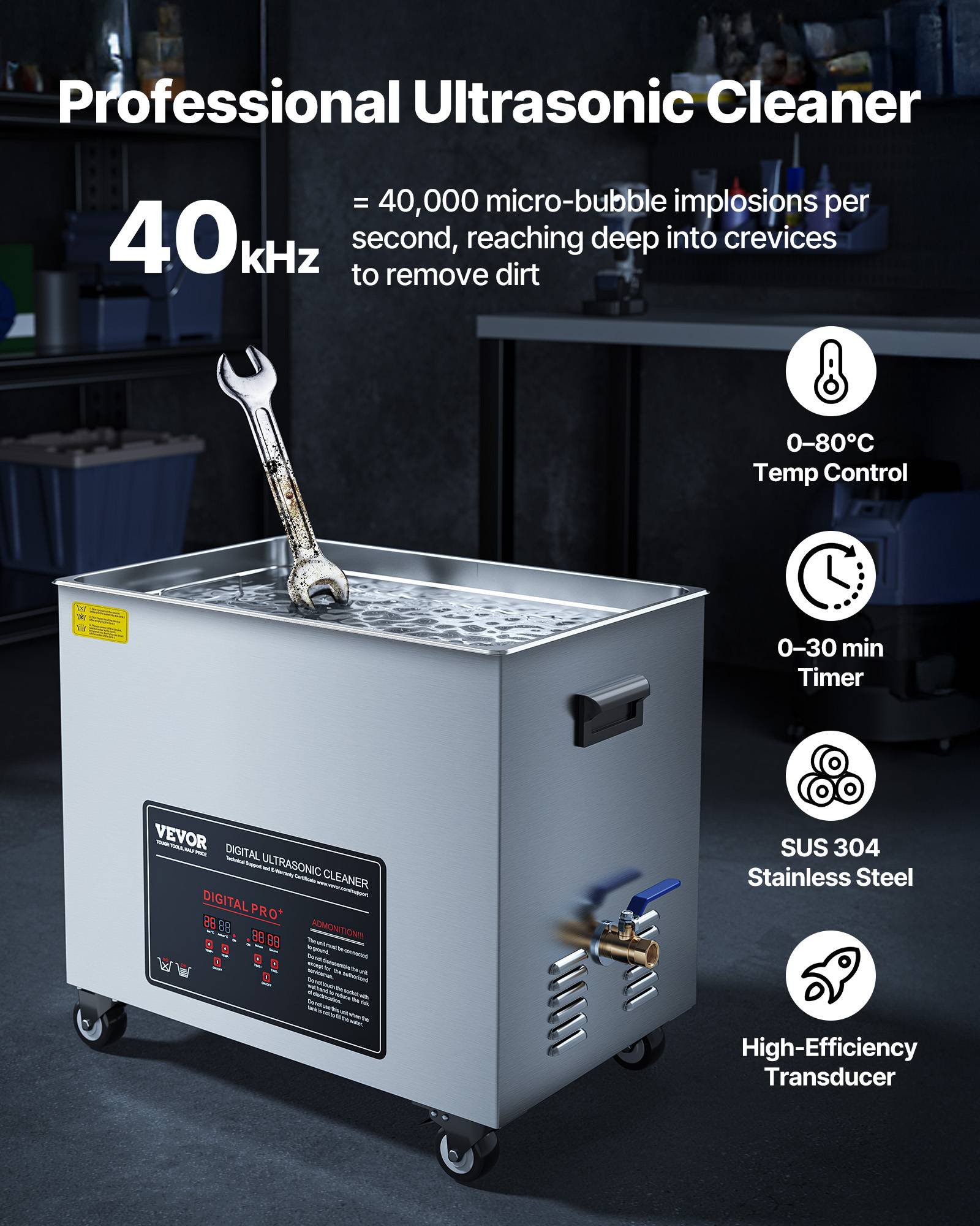Vevor - VEVOR Nettoyeur à ultrasons 50 L, 840 W 40 kHz, chauffage 1500 W, inox, écran numérique, panier et roulettes, pour pièces industrielles et bijoux. - Image 2