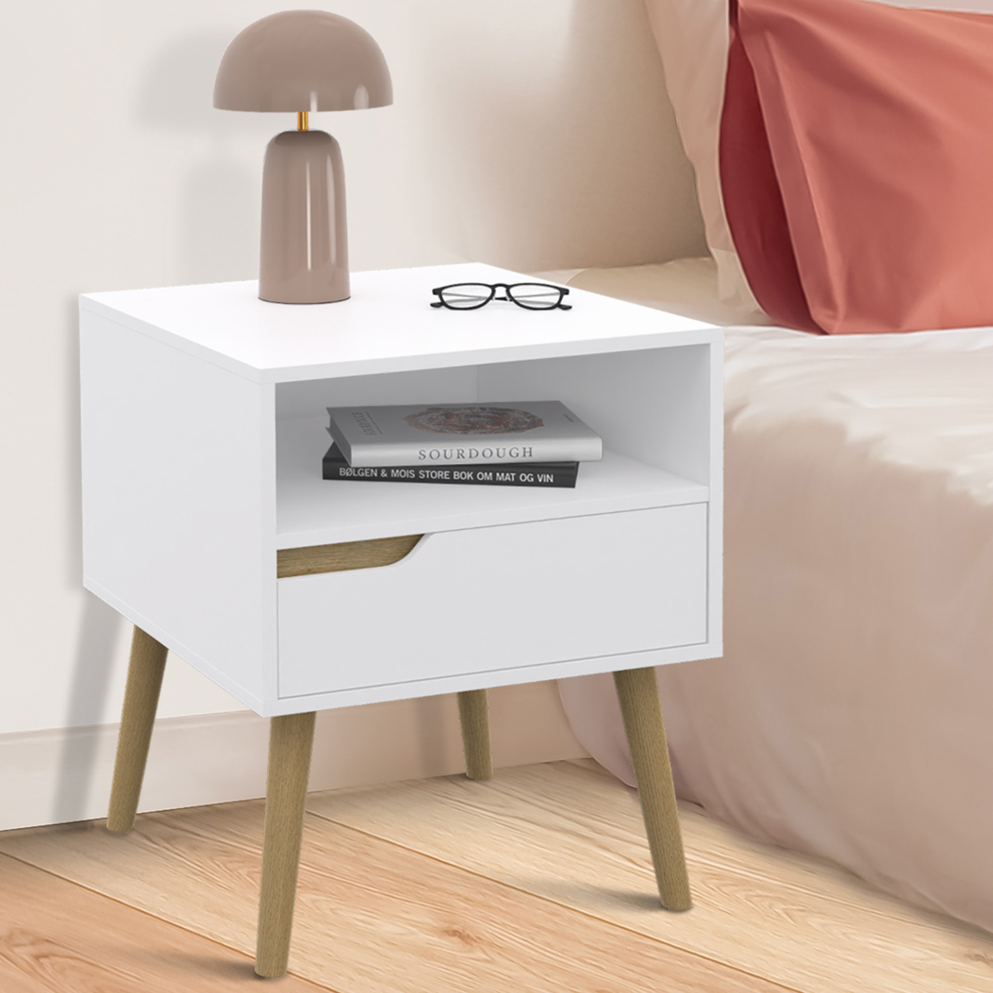 Lot de 2 tables de chevet HELSINKI scandinaves 1 tiroir avec niche blanc - Image 1