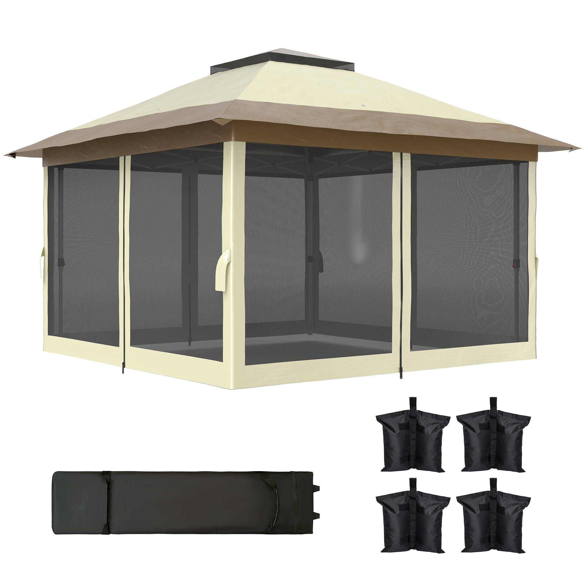 Sans Marque - Tonnelle pliante 3,6 x 3,6 m avec parois en maille anti-UV50+, hauteur réglable, sac de transport à roulettes et sacs de lestage, couleur crème - Image 2