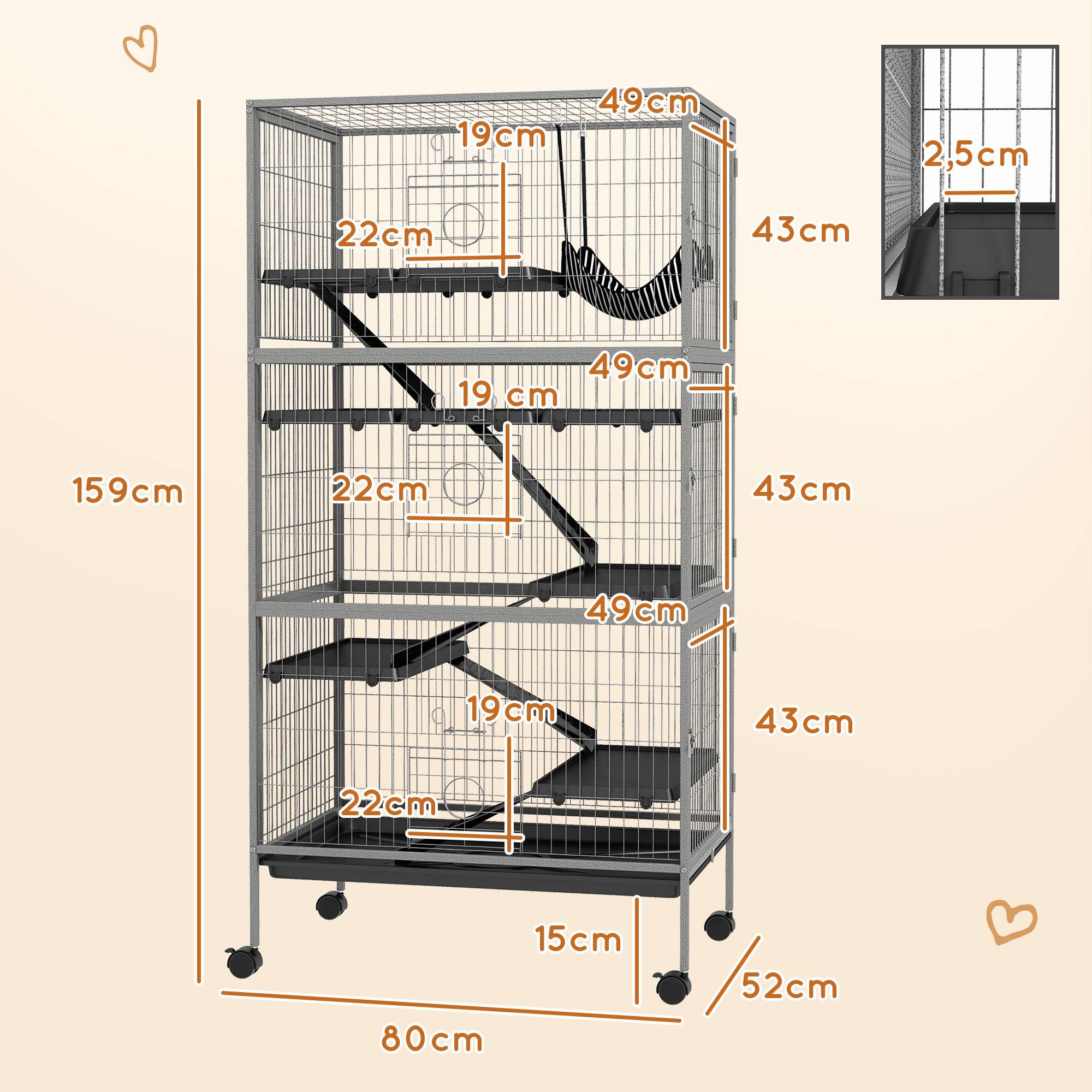 Pawhut - Cage rongeurs 4 plateformes 3 rampes 4 portes dim. 80L x 52l x 159H cm acier gris moucheté noir - Imagen 3