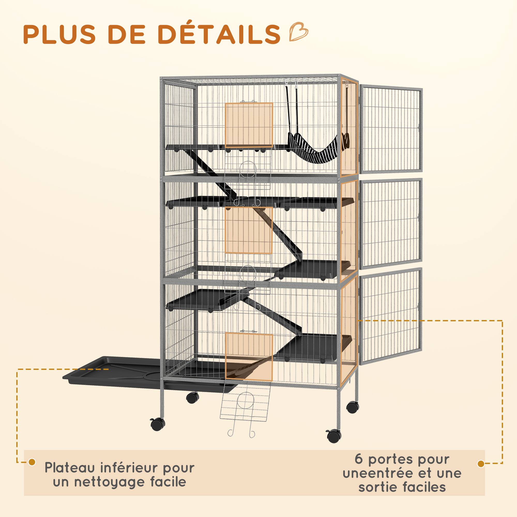 Pawhut - Cage rongeurs 4 plateformes 3 rampes 4 portes dim. 80L x 52l x 159H cm acier gris moucheté noir - Imagen 7