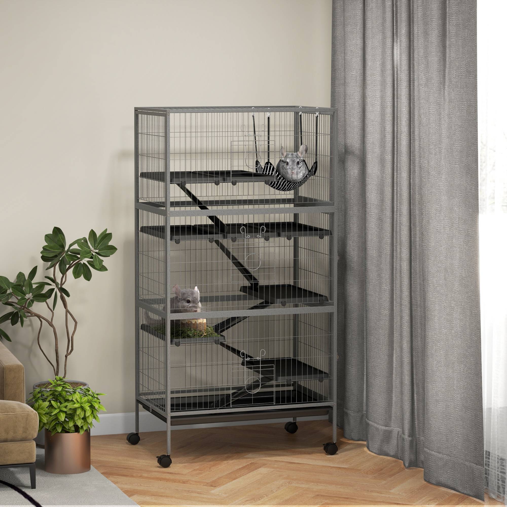 Pawhut - Cage rongeurs 4 plateformes 3 rampes 4 portes dim. 80L x 52l x 159H cm acier gris moucheté noir - Imagen 2