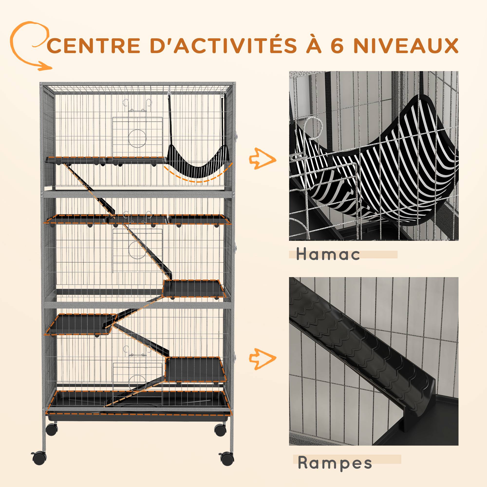 Pawhut - Cage rongeurs 4 plateformes 3 rampes 4 portes dim. 80L x 52l x 159H cm acier gris moucheté noir - Imagen 6