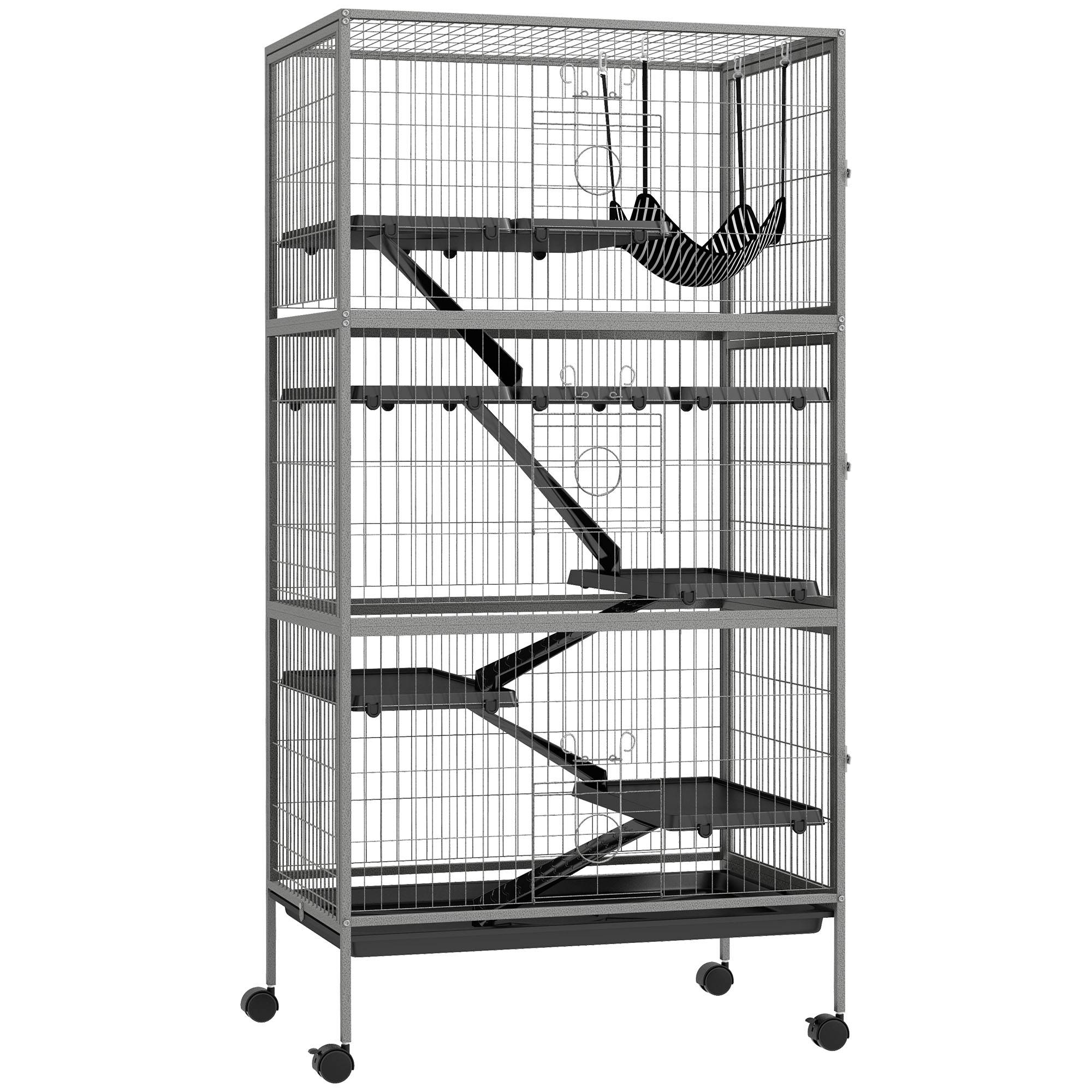Pawhut - Cage rongeurs 4 plateformes 3 rampes 4 portes dim. 80L x 52l x 159H cm acier gris moucheté noir - Imagen 1