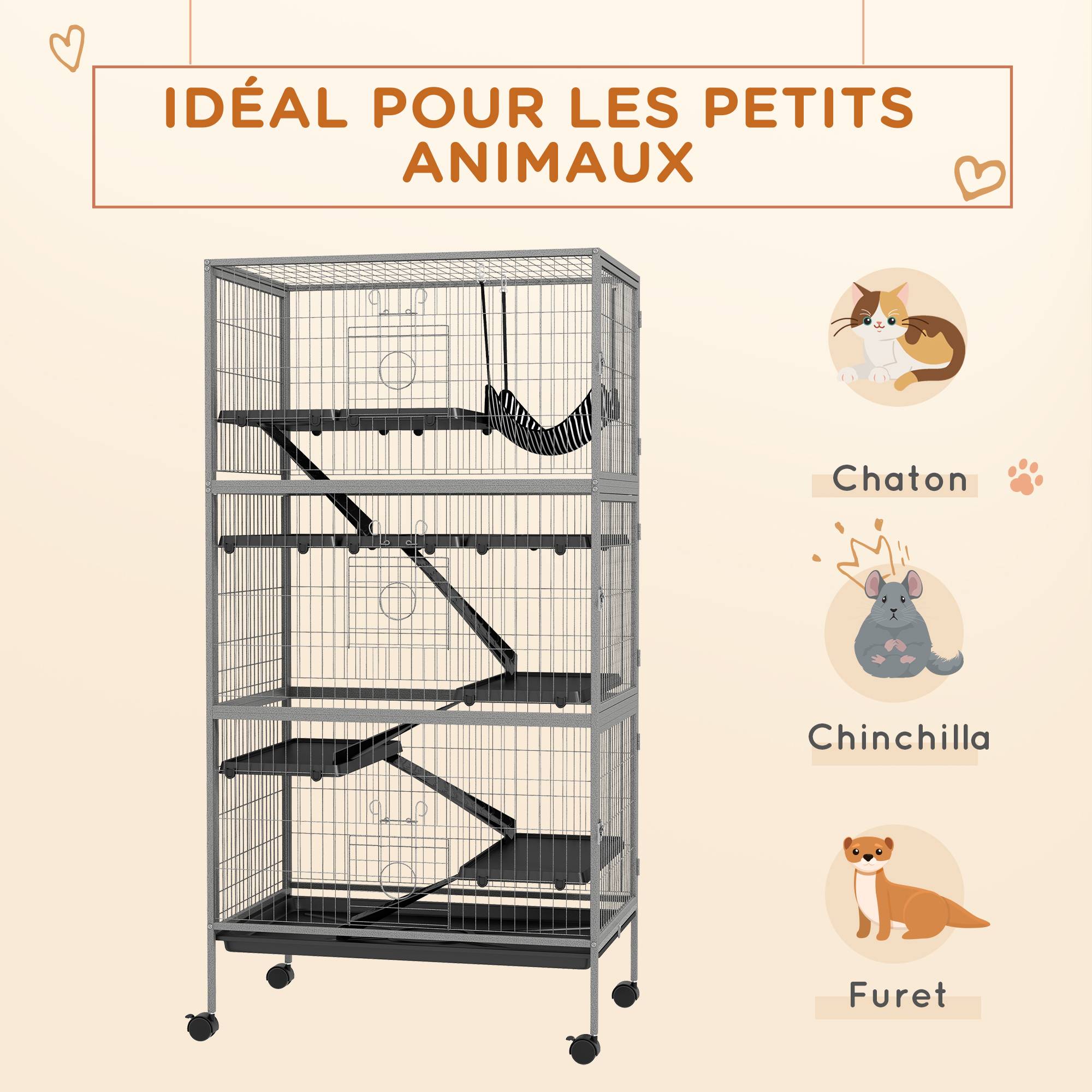 Pawhut - Cage rongeurs 4 plateformes 3 rampes 4 portes dim. 80L x 52l x 159H cm acier gris moucheté noir - Imagen 4