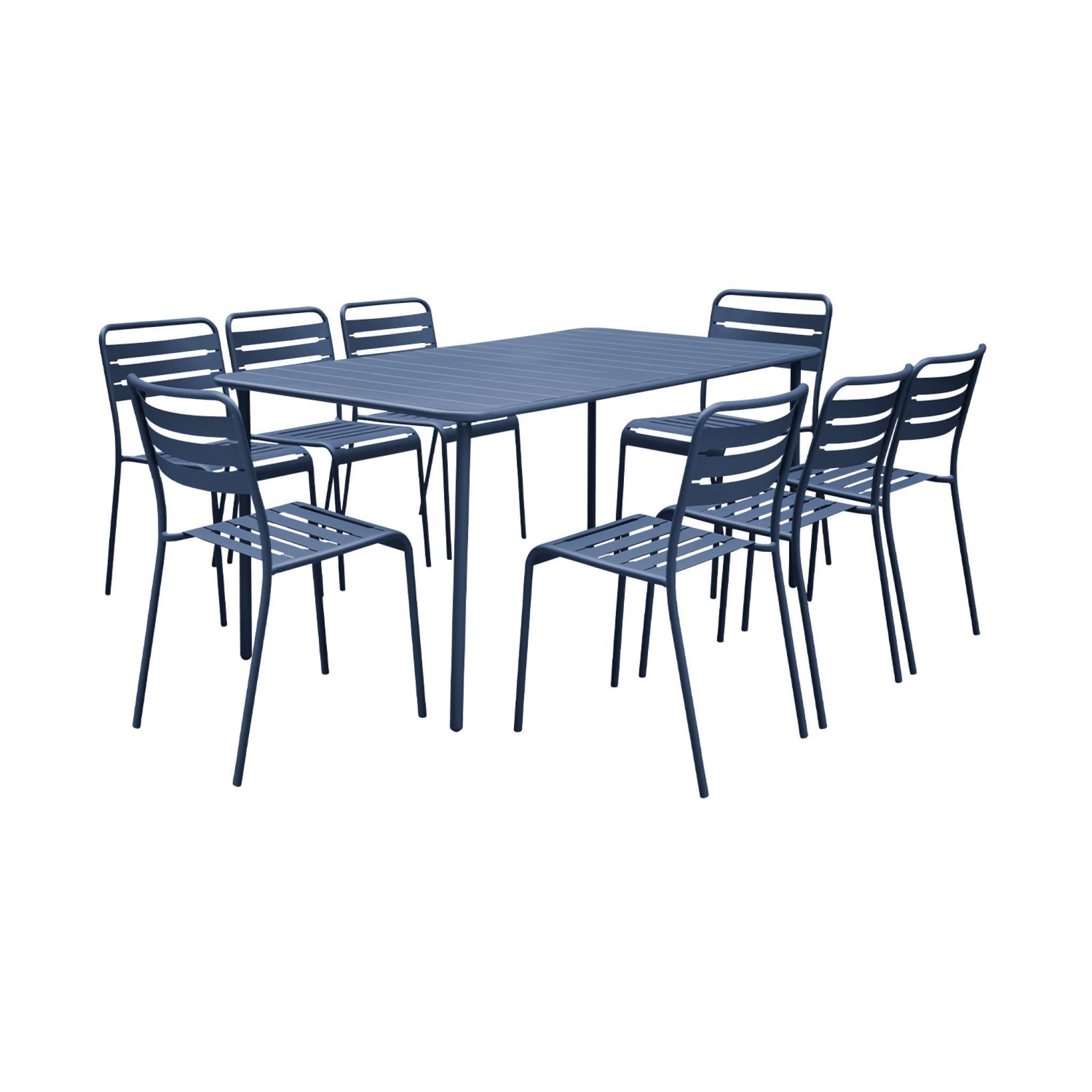 sweeek - Table de jardin métal + 8 assises bleu marine traitement antirouille. lattes et bords arrondis  | sweeek - Image 2