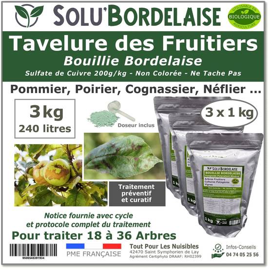 Solu'Bordelaise - Tavelure des Fruitiers-3 kg de Bouillie Bordelaise Non Colorée-Polyvalent à base de Sulfate de Cuivre 200 g/kg-Doseur inclus-UAB - Image 1