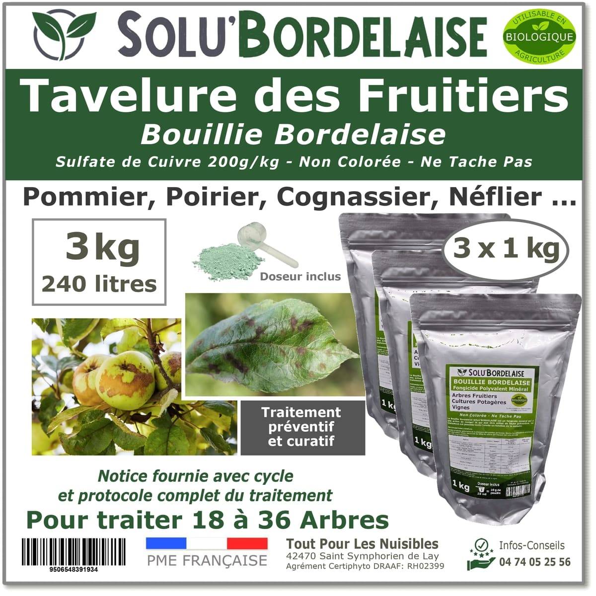 Solu'Bordelaise - Tavelure des Fruitiers-3 kg de Bouillie Bordelaise Non Colorée-Polyvalent à base de Sulfate de Cuivre 200 g/kg-Doseur inclus-UAB - Image 1