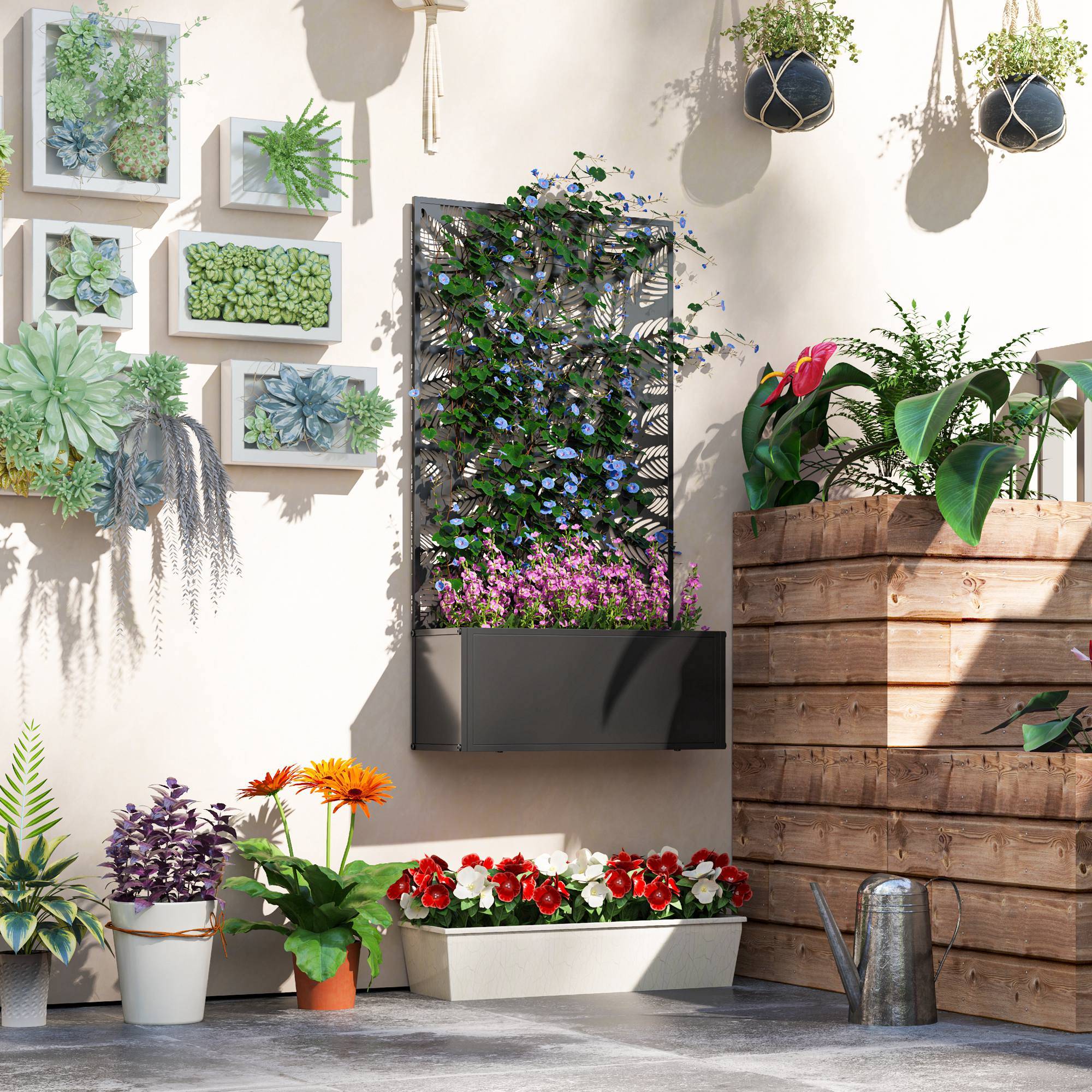 Pot de fleurs avec treillis panneau intimité 61x23x113 cm noir, plantes grimpantes, jardin extérieur décoratif - Image 4