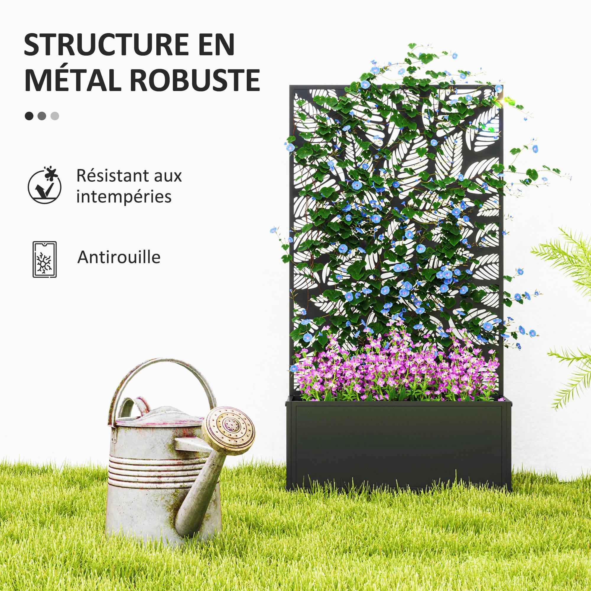 Pot de fleurs avec treillis panneau intimité 61x23x113 cm noir, plantes grimpantes, jardin extérieur décoratif - Image 8