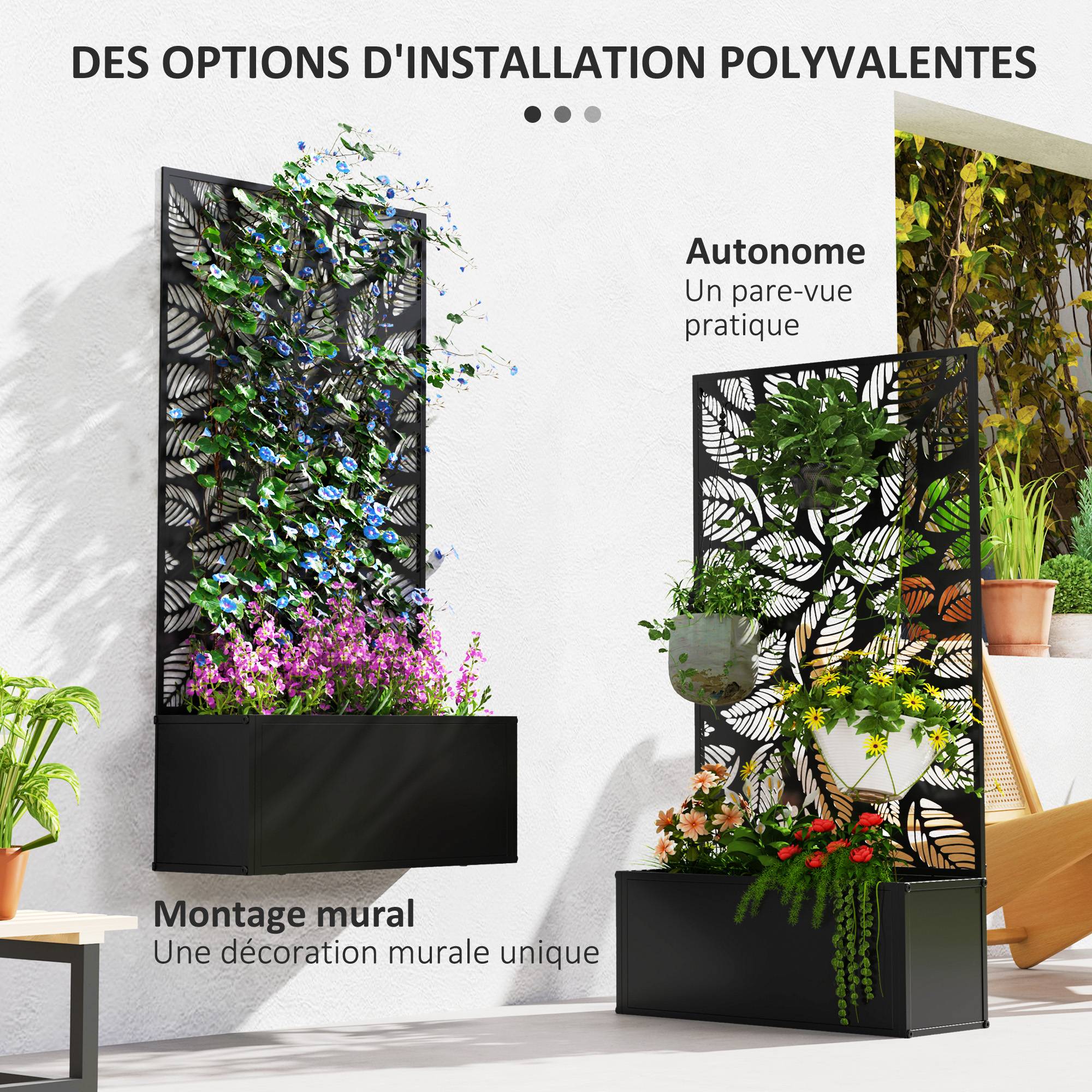 Pot de fleurs avec treillis panneau intimité 61x23x113 cm noir, plantes grimpantes, jardin extérieur décoratif - Image 7