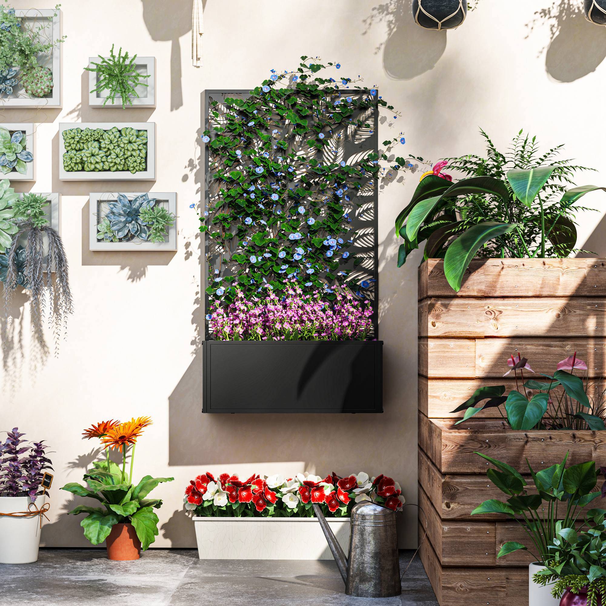 Pot de fleurs avec treillis panneau intimité 61x23x113 cm noir, plantes grimpantes, jardin extérieur décoratif - Image 9