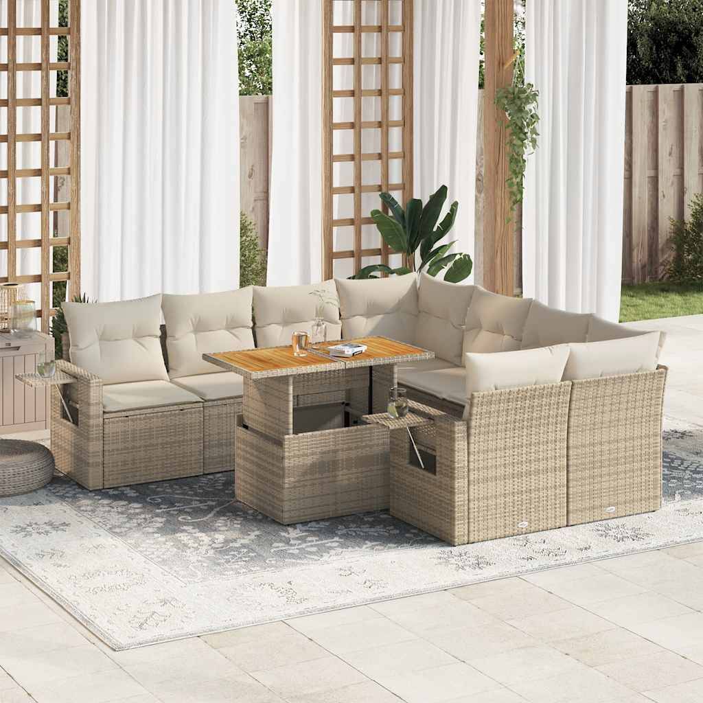 Salon de jardin 9 pcs beige résine tressée avec table bois réglable et coffres de rangement – ComfortXL Outdoor Living - Image 1