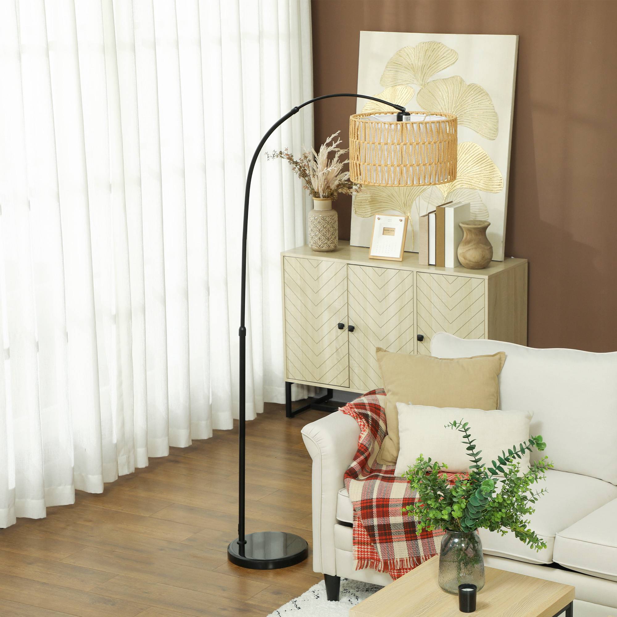 Lampadaire avec abat-jour en corde de chanvre, hauteur réglable, interrupteur au pied, métal, noir - Image 9