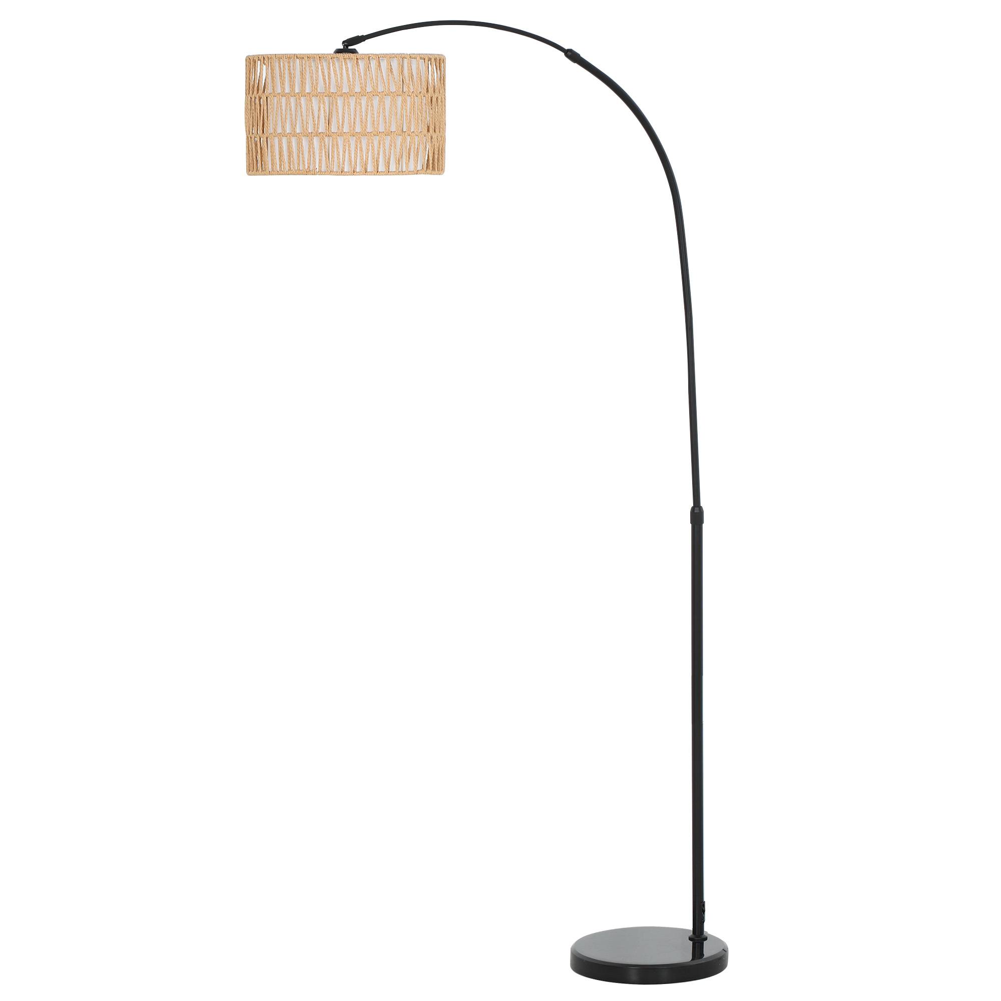 Lampadaire avec abat-jour en corde de chanvre, hauteur réglable, interrupteur au pied, métal, noir - Image 1