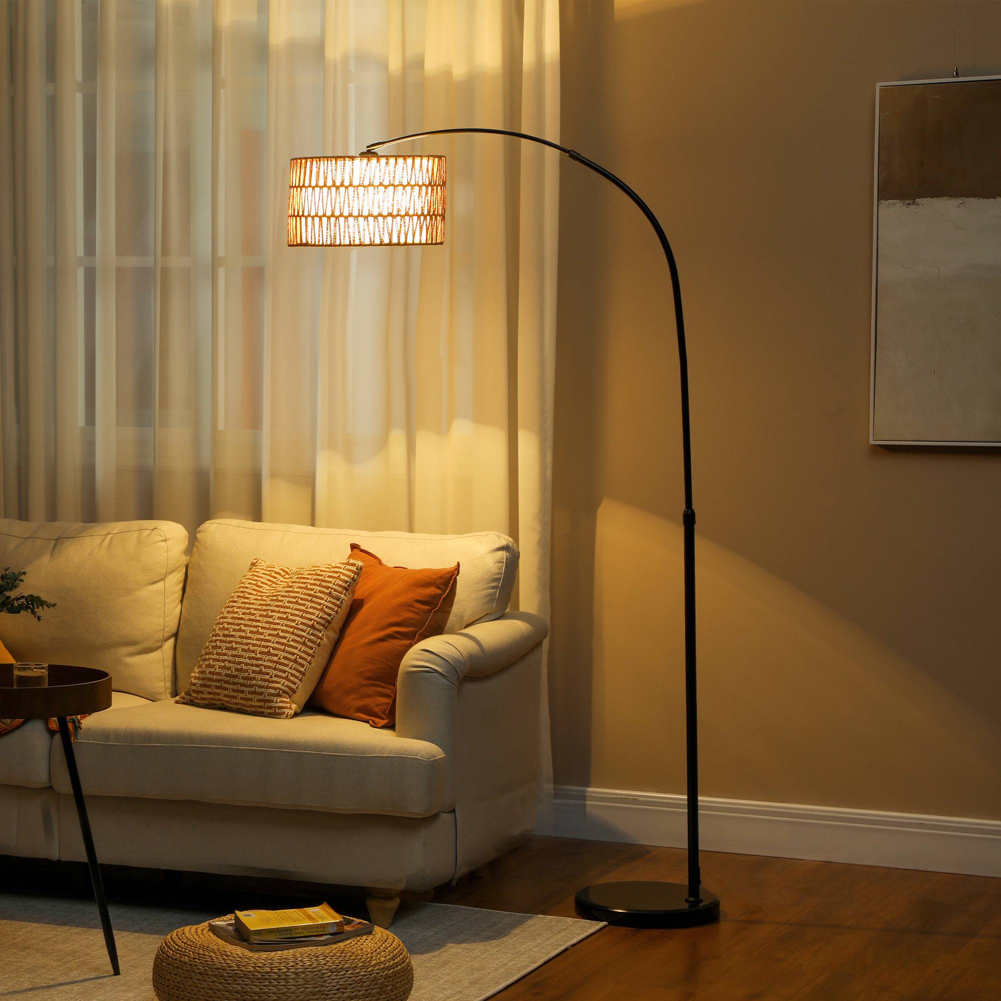 Lampadaire avec abat-jour en corde de chanvre, hauteur réglable, interrupteur au pied, métal, noir - Image 3