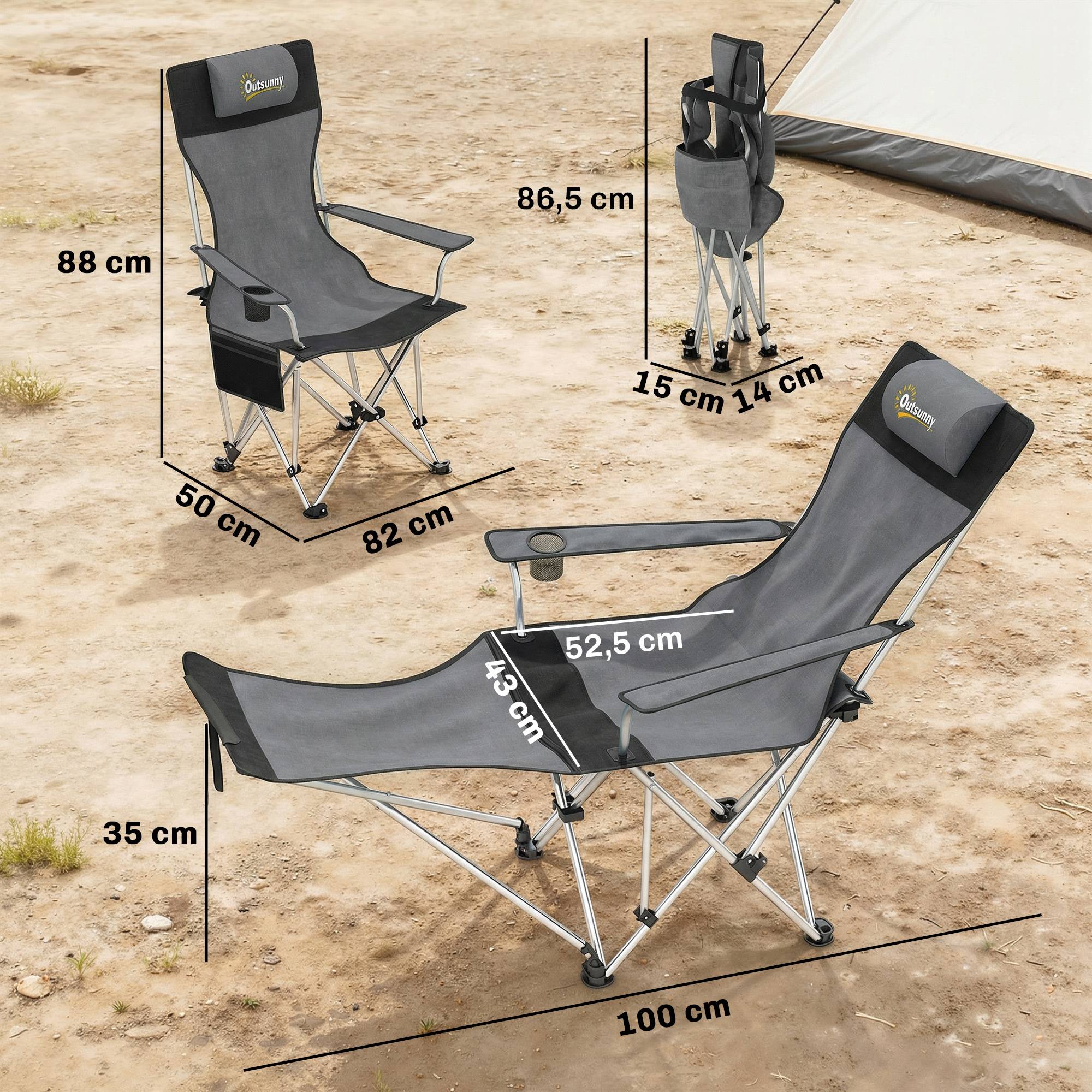 Lot de 2 chaises camping pliantes métal Oxford avec repose-pieds porte-gobelet gris - ComfortXL Outdoor Living - Image 5