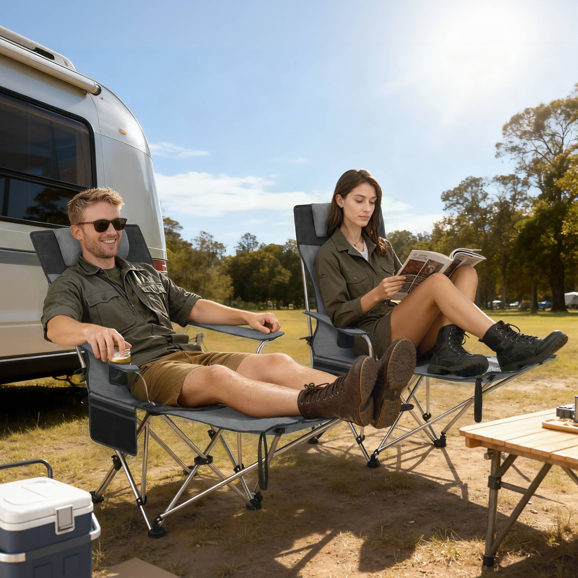 Lot de 2 chaises camping pliantes métal Oxford avec repose-pieds porte-gobelet gris - ComfortXL Outdoor Living - Image 3