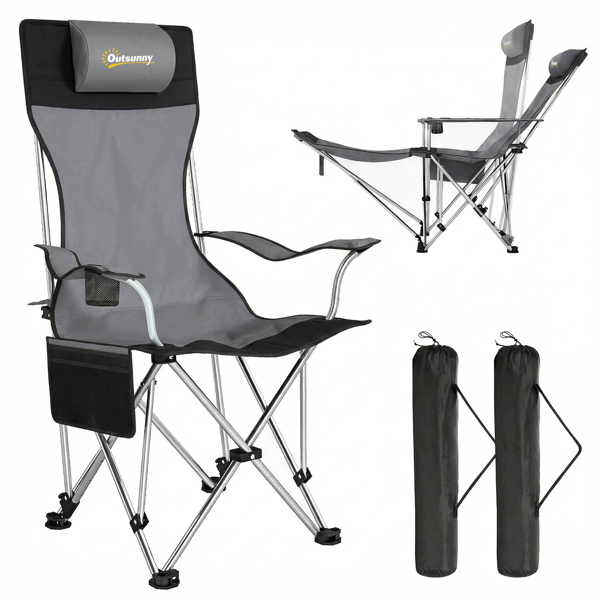 Lot de 2 chaises camping pliantes métal Oxford avec repose-pieds porte-gobelet gris - ComfortXL Outdoor Living