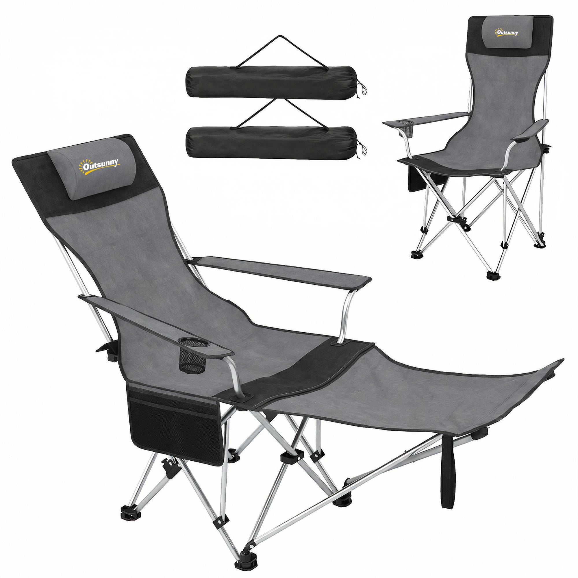 Lot de 2 chaises camping pliantes métal Oxford avec repose-pieds porte-gobelet gris - ComfortXL Outdoor Living - Image 2
