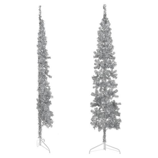 Demi sapin de Noël - Arbre de Noël artificiel mince avec support Argenté 210 cm - Image 3