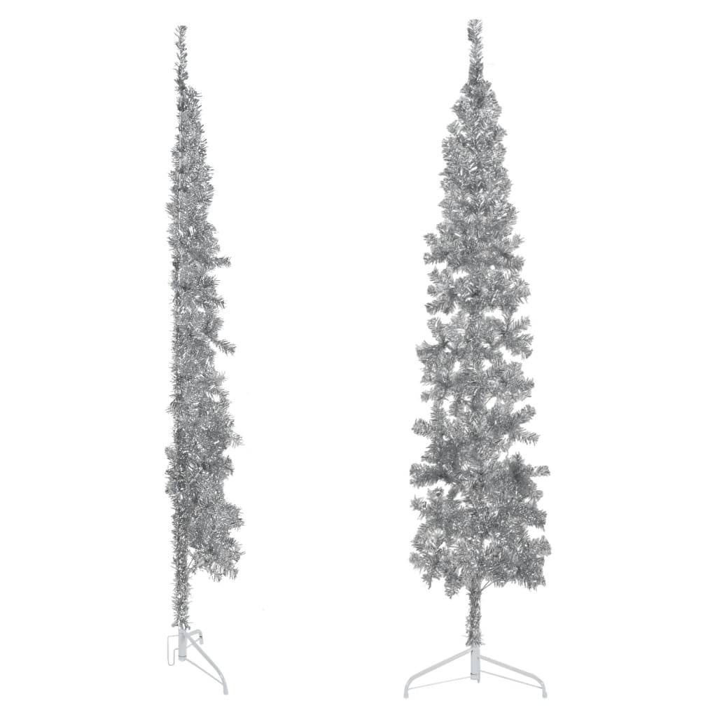 Demi sapin de Noël - Arbre de Noël artificiel mince avec support Argenté 210 cm - Image 3