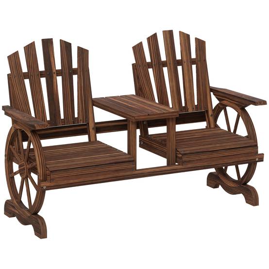 Banc de jardin 2 places en bois, résistant aux intempéries, trou pour parasol, pieds en roue de chariot, 154x65x102 cm, finition brûlée - Image 1