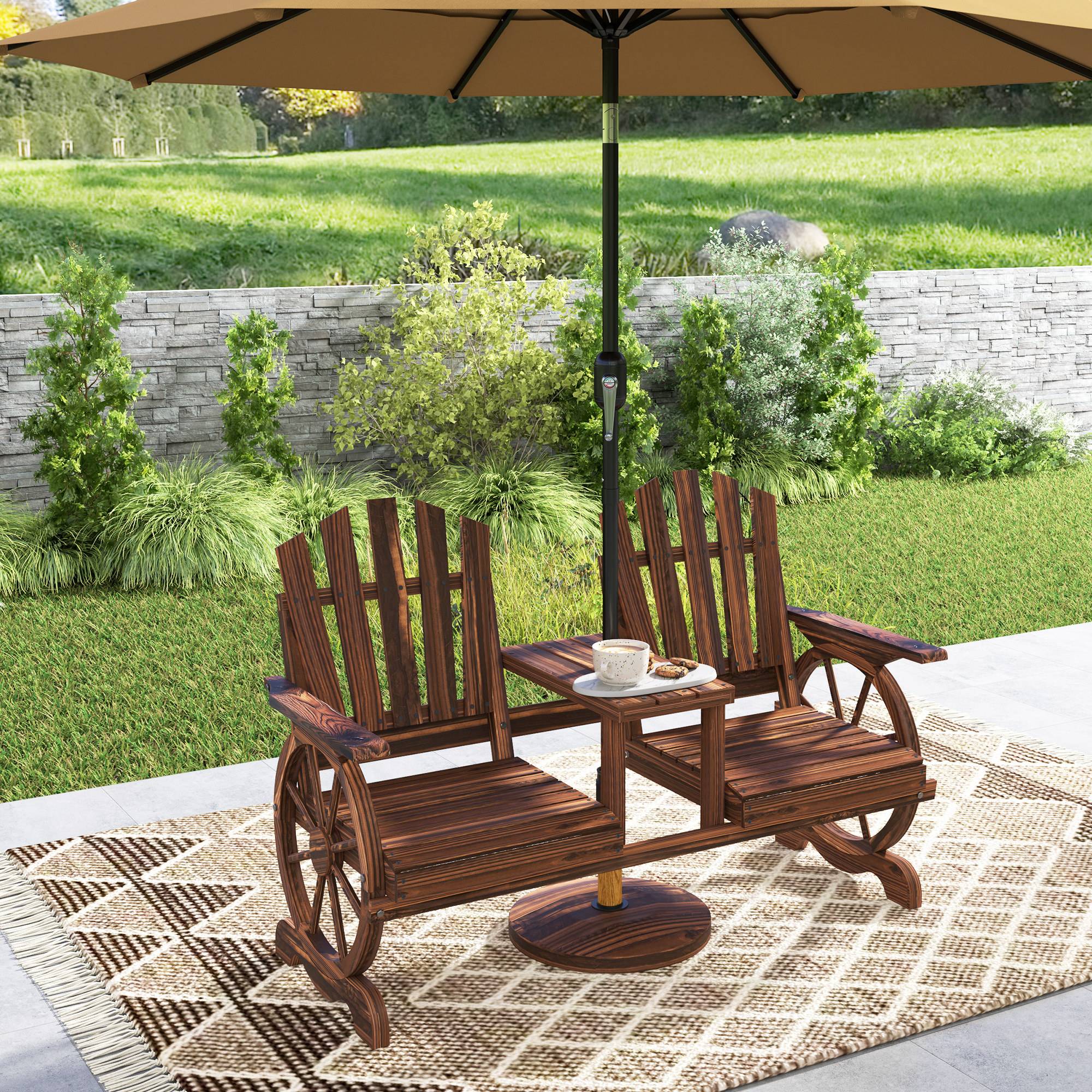 Banc de jardin 2 places en bois, résistant aux intempéries, trou pour parasol, pieds en roue de chariot, 154x65x102 cm, finition brûlée - Image 4