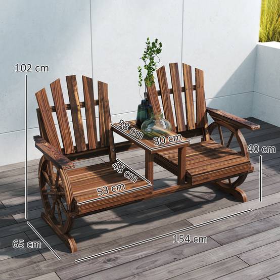 Banc de jardin 2 places en bois, résistant aux intempéries, trou pour parasol, pieds en roue de chariot, 154x65x102 cm, finition brûlée - Image 5